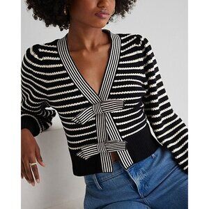 NWT Express Black White Striped V-Neck Bow Cardigan Womens Size Large